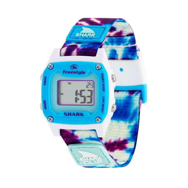 Freestyle Shark Mini - Strap Kit - Clip in Blue Daze: digital watch with blue and white face, featuring a distinctive clip closure.