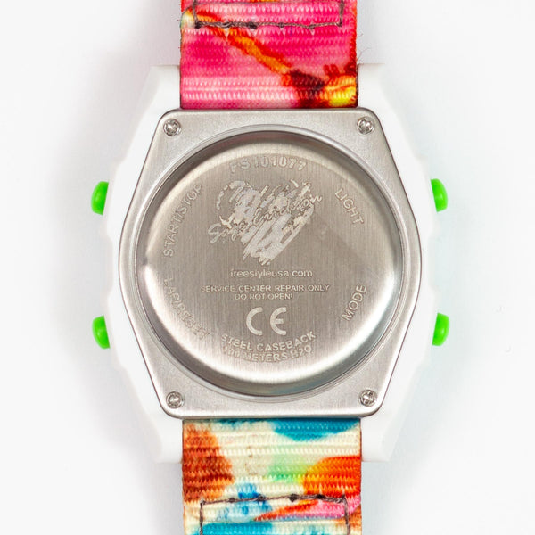 Freestyles Sage Erickson watch with a floral strap and an engraved metal case.