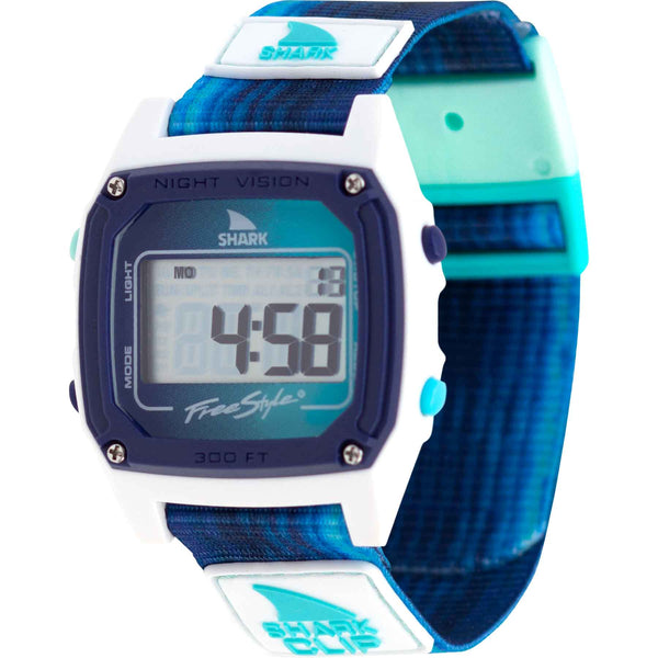 Freestyle Shark Classic watch, displaying 4:58, with Wavelength Azul strap, water-resistant up to 300 ft.