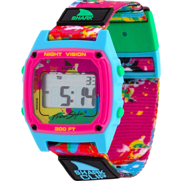 Freestyle Shark Classic Neon Splatter digital watch with rainbow Clip strap and blue-pink face, screen illuminated with digital numbers.