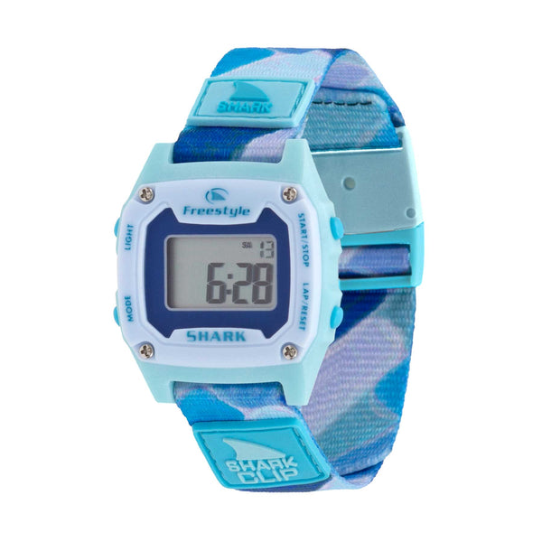 Freestyle Shark Mini digital watch with a Clip Blue Chip strap kit featuring a blue shark design and a light blue face.