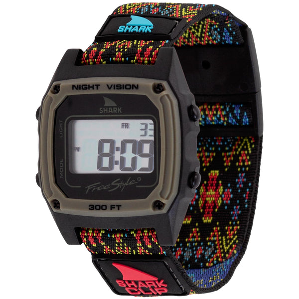LUKE DAVIS SIGNATURE SHARK CLASSIC CLIP MOROCCO watch by Freestyle, shows 8:05 and FRI 3, with a colorful woven strap.