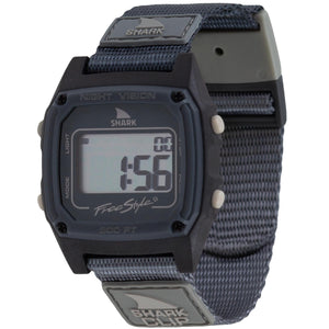 The Freestyle SHARK CLASSIC CLIP GRANITE PEAK digital surf watch features a gray strap and displays numbers on its screen.