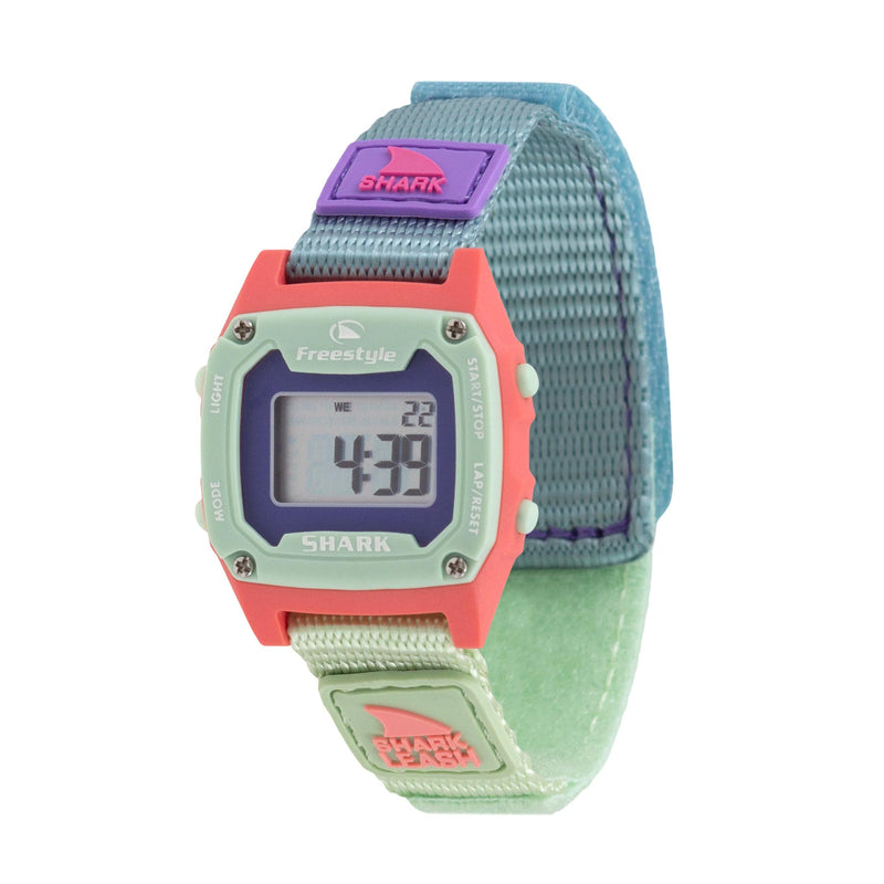 Freestyle SHARK MINI LEASH CORAL BAY: square face, pastel details, fabric strap, digital numbers on display.
