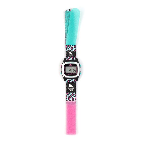 Freestyles SHARK CLASSIC LEASH ROCK STAR watch: neon leopard print, displays 2:05, teal/pink fabric bands. Retro-cool!.
