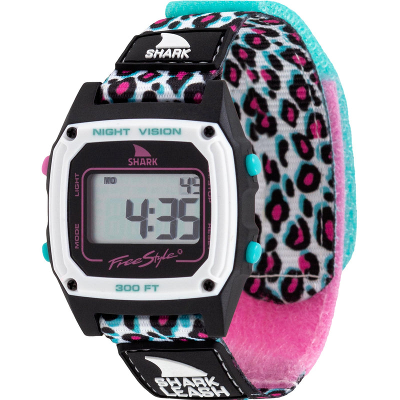 Freestyle SHARK CLASSIC LEASH ROCK STAR watch featuring a vibrant leopard band, pink accents, and retro Shark logo.