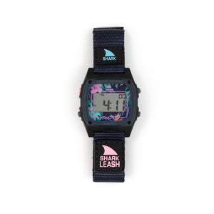 Freestyle SHARK CLASSIC LEASH MIDNIGHT PALMS digital watch featuring a black strap and tropical floral design.