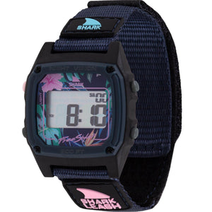 Freestyles SHARK CLASSIC LEASH MIDNIGHT PALMS watch features a black case, navy strap, and tropical floral pattern.