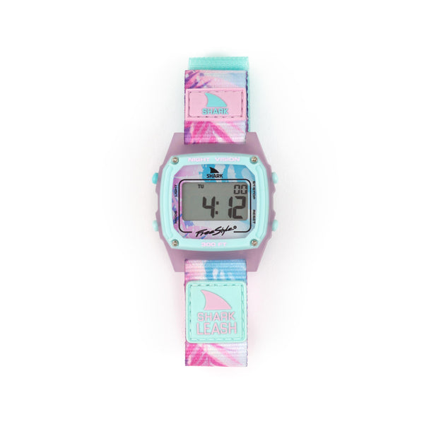 The Freestyle SHARK CLASSIC LEASH BIMINI PALMS watch with a pink and teal strap displaying the time 4:12.