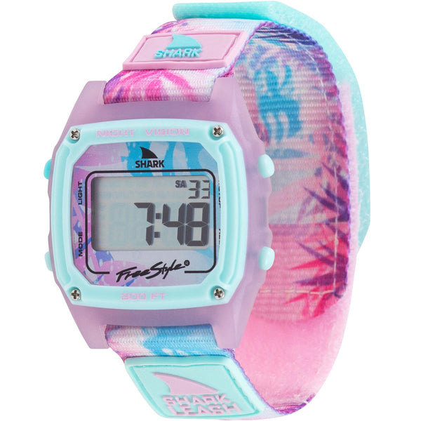 Freestyles SHARK CLASSIC LEASH BIMINI PALMS watch with a pastel tropical design, displaying the time as 7:48.