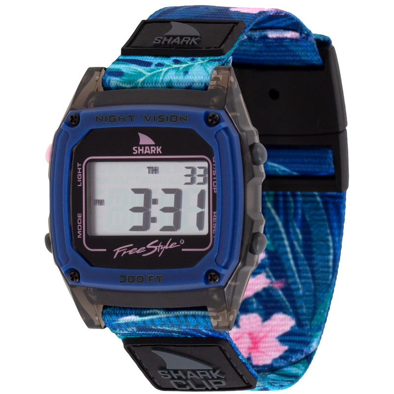 Freestyle SHARK CLASSIC CLIP EVENING PALMS digital watch featuring a blue floral band from the Paradise collection.