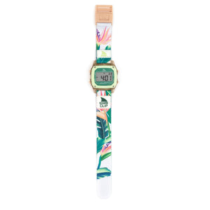 Freestyle SHARK CLASSIC CLIP PARADISE PEACH watch with tropical leaf design and rectangular digital display—ideal for water sports.