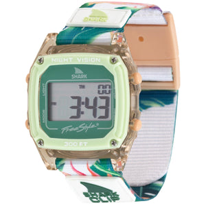 Freestyle SHARK CLASSIC CLIP PARADISE PEACH: Digital watch with green faceplate, floral strap, display screen active.