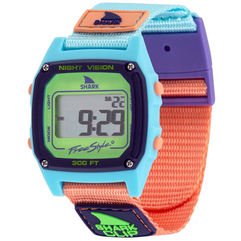 Freestyle SHARK CLASSIC CLIP BLUE MELON: a water-resistant digital watch with nylon band, display shows illuminated numbers.
