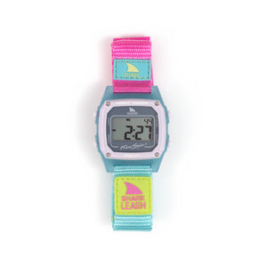 Freestyle SHARK CLASSIC LEASH SLUSHY digital watch with blue, pink, and yellow strap on white background.