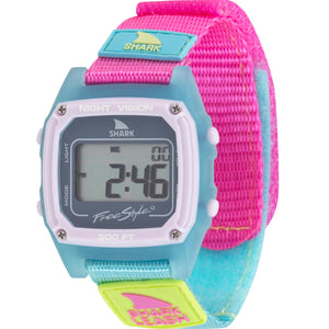 Freestyle SHARK CLASSIC LEASH SLUSHY watch with pink, blue, and yellow strap; screen displays digital numbers.
