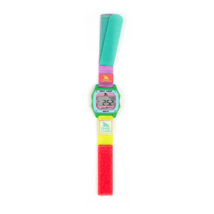 Freestyle SHARK CLASSIC LEASH WATERMELON digital watch featuring a green face and a multicolored strap, displayed on a white background.