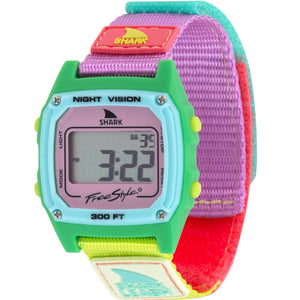 Freestyle SHARK CLASSIC LEASH WATERMELON: a vibrant digital watch with square face and multicolored fabric strap.