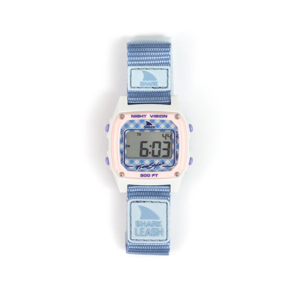 Freestyle SHARK CLASSIC LEASH in Gingham Blue, displaying 6:03, from the Hippie Chic Collection.
