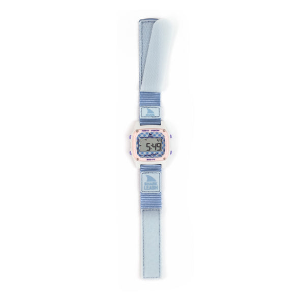 Digital watch with a blue gingham fabric strap, square face, displaying the time 5:49, SHARK CLASSIC LEASH GINGHAM BLUE by Freestyle.
