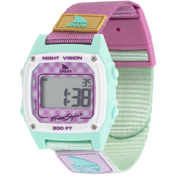 Freestyles SHARK CLASSIC CLIP watch in GINGHAM PINK with a digital display, Night Vision feature, and water-resistant design.