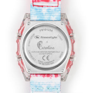 Freestyle’s CAROLINE MARKS SIGNATURE SHARK CLASSIC LEASH SURFIN USA features an engraved back, multicolor strap, and clearly marked function buttons.
