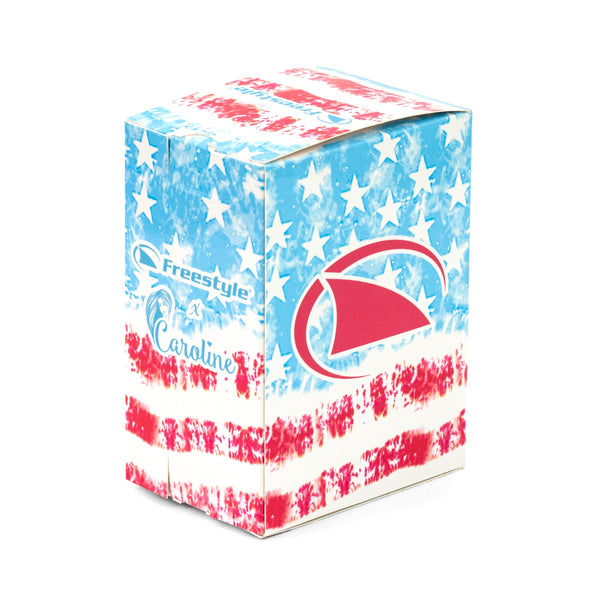 A box featuring a blue and red Freestyle logo with stars and stripes design, displaying the text: Caroline Marks Signature Shark Classic Leash Surfin USA.
