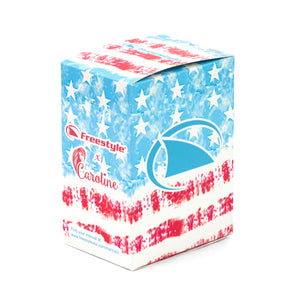 Freestyles CAROLINE MARKS SIGNATURE SHARK CLASSIC LEASH SURFIN USA box features a flag design and exclusive logos.