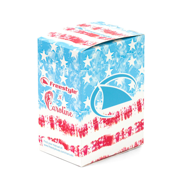 The box showcases a design with red, white, and blue stars along with the Freestyle and Caroline Marks Signature Shark Classic leash logos.