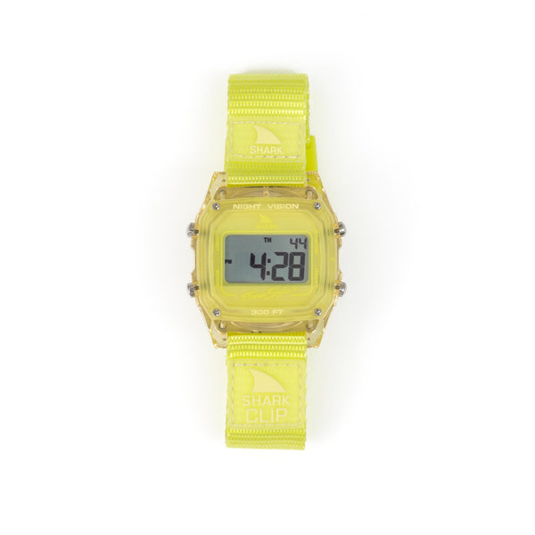 Freestyles SHARK CLASSIC CLIP LEMON watch features Night Vision and a vibrant yellow from the Jelly Bean Collection, showing 4:28.
