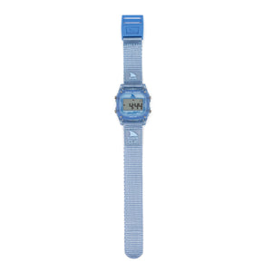 The Freestyle SHARK CLASSIC CLIP BLUEBERRY shows 1:44 on its light blue band—ideal for water sports.
