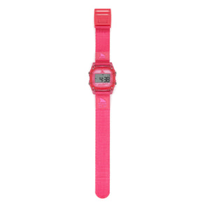 The Freestyle SHARK CLASSIC CLIP CHERRY is a water-resistant digital watch with a fabric strap and numerical display.