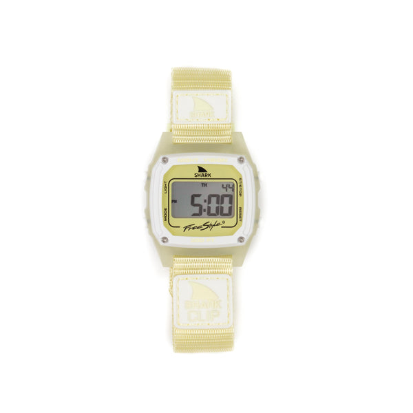 SHARK CLASSIC CLIP SUNSHINE watch with a square face displaying the time 5:04, adorned with Freestyle and Shark logos, perfect for beach enthusiasts.