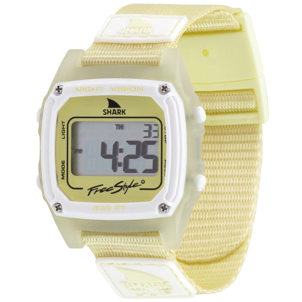 The Freestyle SHARK CLASSIC CLIP SUNSHINE watch, featuring a yellow band and displaying 4:25, is perfect for beach enthusiasts.