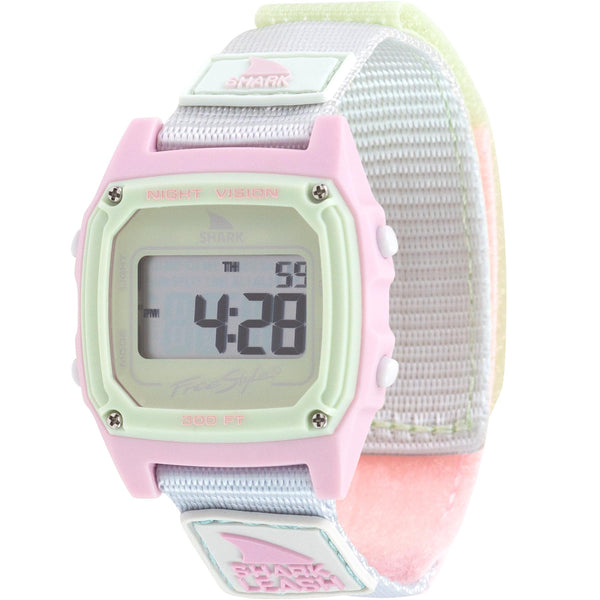 Freestyle SHARK CLASSIC LEASH OUTER BANKS digital watch in pastel pink and green with fabric band, display illuminated.