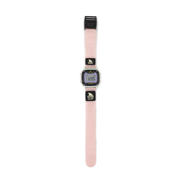 A Freestyle SHARK MINI CLIP MOCHI watch with a pink strap and black accents, shown on a white background.