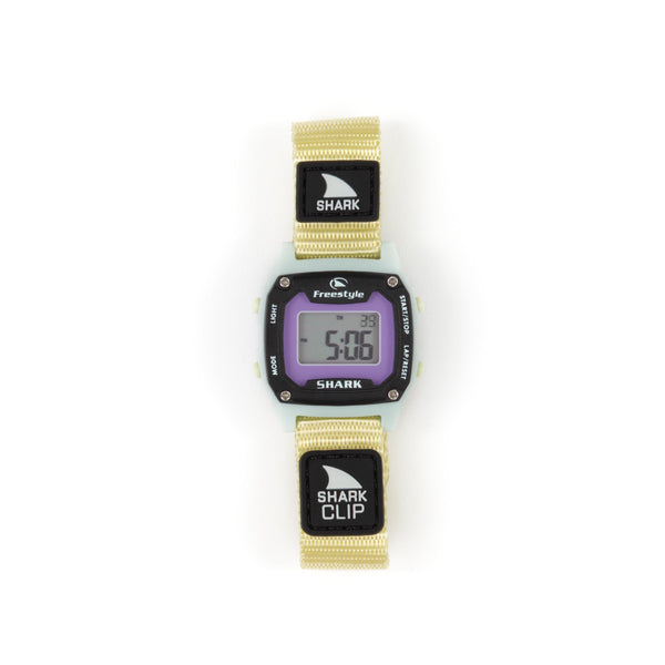 Freestyle SHARK MINI CLIP BOBA watch with beige strap, SHARK CLIP text, water resistance, and digital display with numbers.