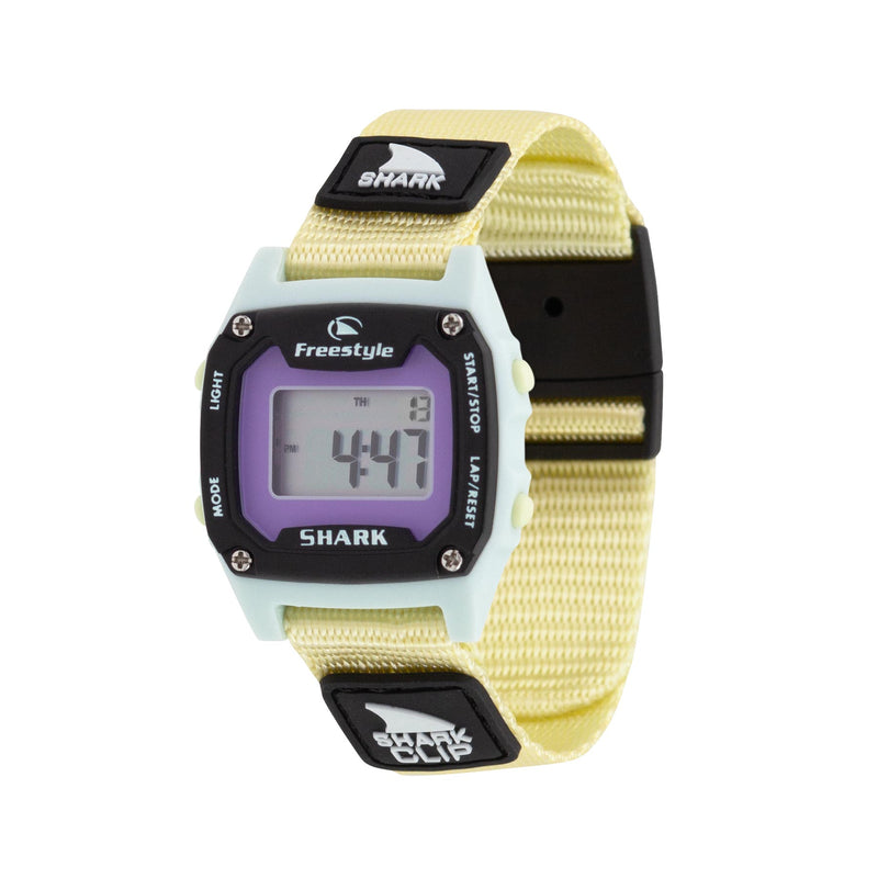 Freestyle SHARK MINI CLIP BOBA: yellow, water-resistant watch featuring a square face, black accents, and a nylon strap.