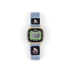 The Freestyle SHARK MINI CLIP ACAI is a digital wristwatch with beach vibes, blue band, and an active display.