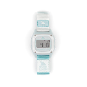 The Freestyle SHARK CLASSIC LEASH - ARCTIC RUSH features a high-contrast display and blue Shark Leash strap, with numbers shown on the screen.