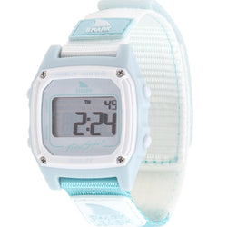 A Freestyle SHARK CLASSIC LEASH – ARCTIC RUSH watch displays numbers on its high-contrast digital screen.