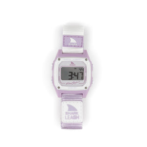 Freestyle SHARK CLASSIC LEASH LILAC SPLASH digital watch with Lilac Splash strap, numbers visible on the display, SHARK LEASH printed on band.