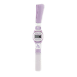 A Freestyle Shark Classic Leash Lilac Splash watch from Color Pop displays numbers on its digital screen.