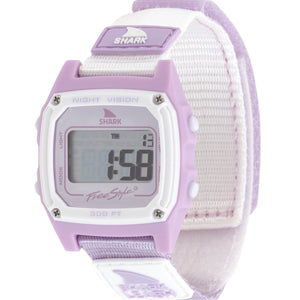 Freestyle SHARK CLASSIC LEASH LILAC SPLASH digital watch featuring a square face and Velcro strap.