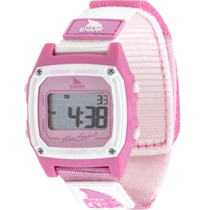 A SHARK CLASSIC LEASH PINK CRUSH watch by Freestyle, displaying numbers on its digital screen.