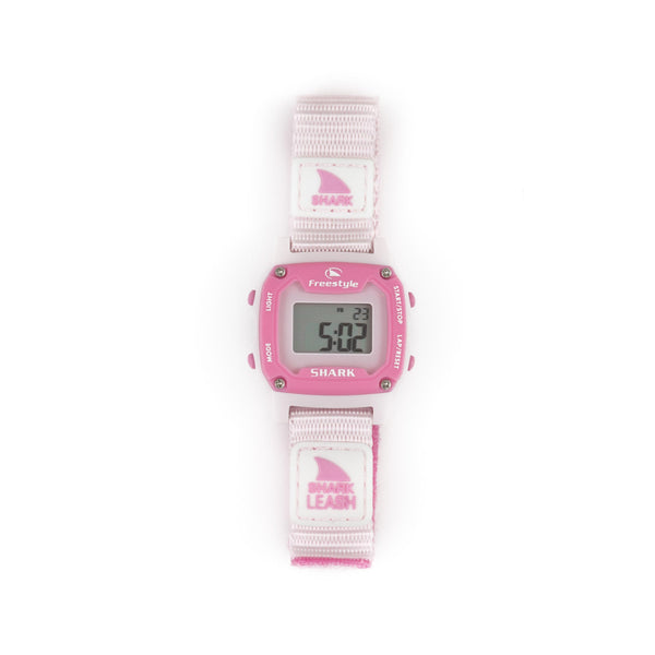 Freestyles SHARK MINI LEASH digital watch in PINK CRUSH features a square face displaying 5:02 and Thu 23, accompanied by a nylon strap.