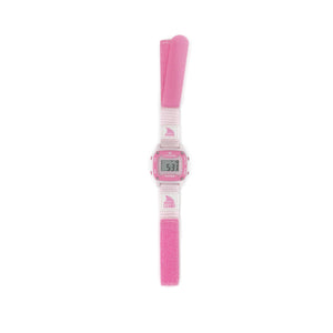 The Freestyle SHARK MINI LEASH PINK CRUSH is a digital wristwatch with a fabric strap, featured in the Color Pop collection.