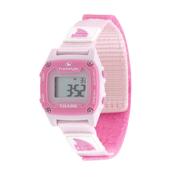 Freestyles SHARK MINI LEASH PINK CRUSH watch, featuring a pink and white digital display with a Velcro strap, part of the Color Pop collection.