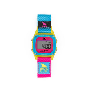 Freestyle SHARK CLASSIC CLIP LANTERN SHARK: blue, yellow & pink digital watch with Shark Brite tech, display features numbers and letters.