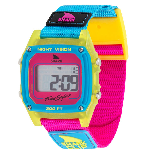 Freestyles SHARK CLASSIC CLIP LANTERN SHARK watch in blue, yellow, and pink displays the time 2:09 featuring Night Vision and Shark Brite Technology.